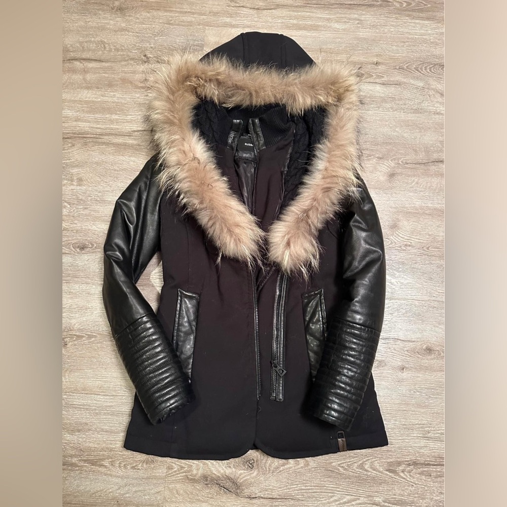 Rudsak Suzy long jacket with leather sleeves and real fur (Small)